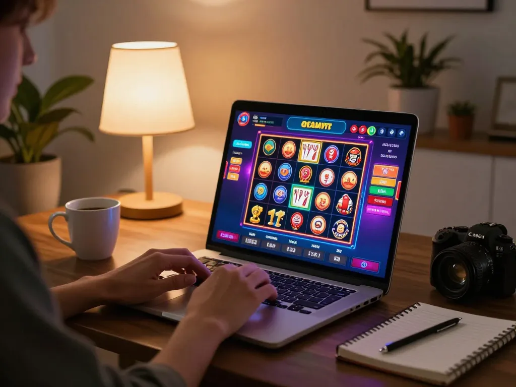 Player enjoying online slots at home on tg88 platform, showcasing vibrant game interface and relaxed atmosphere