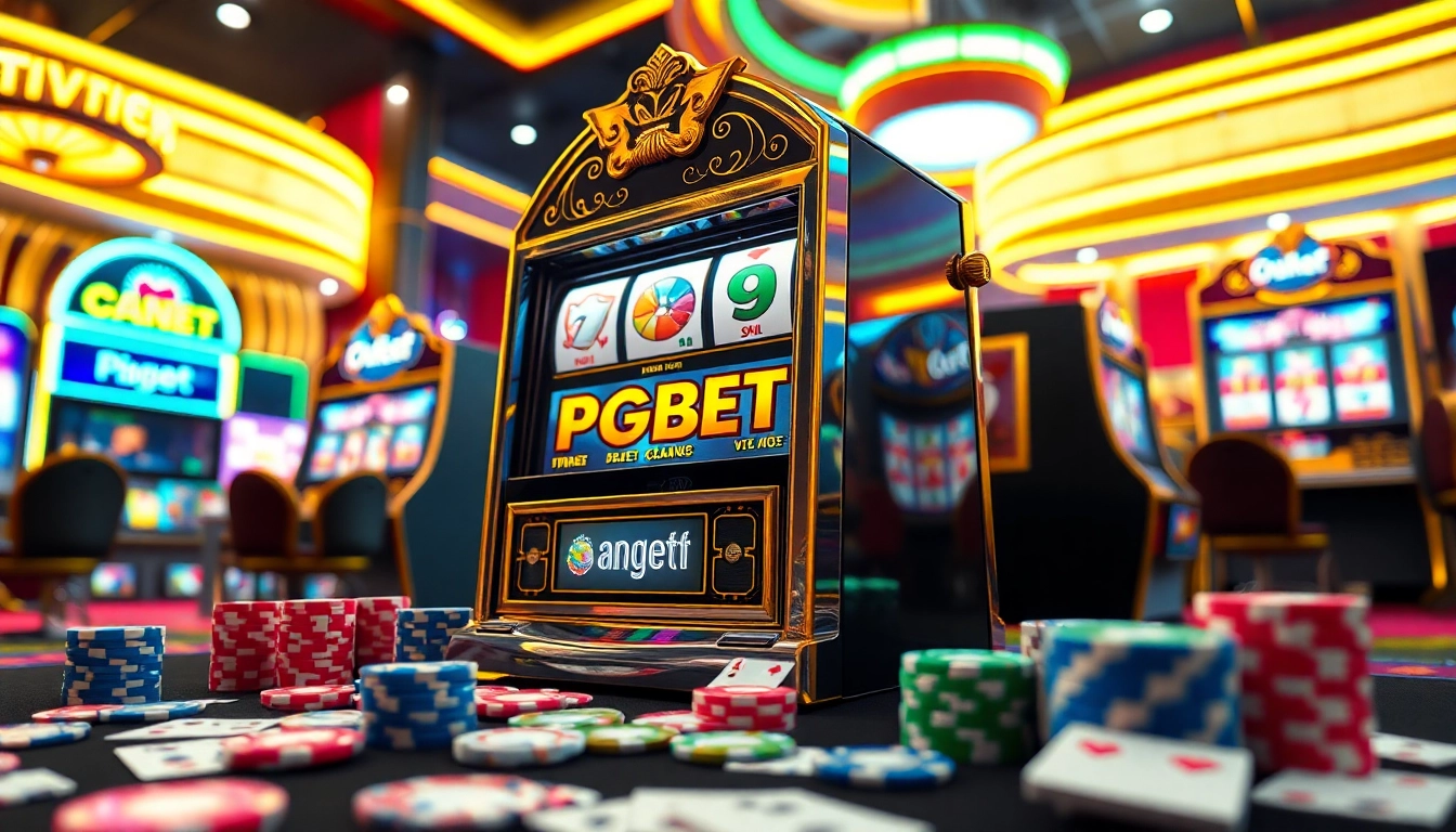 Mainkan pgbet slot dengan mesin yang berkilau dan banyak chip berwarna-warni.