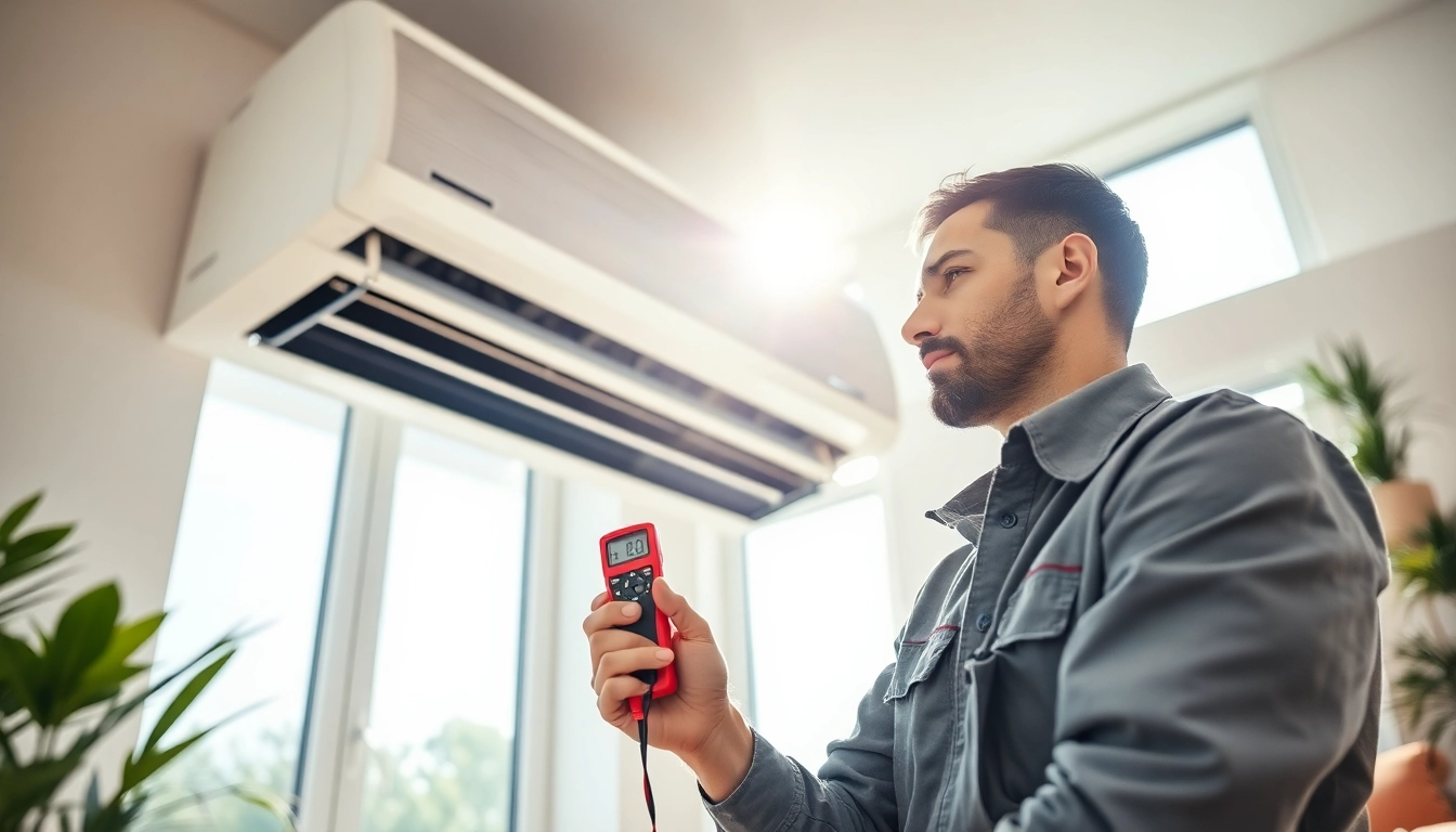 Expert HVAC Repair Tampa technician servicing an air conditioning unit in a bright living room.