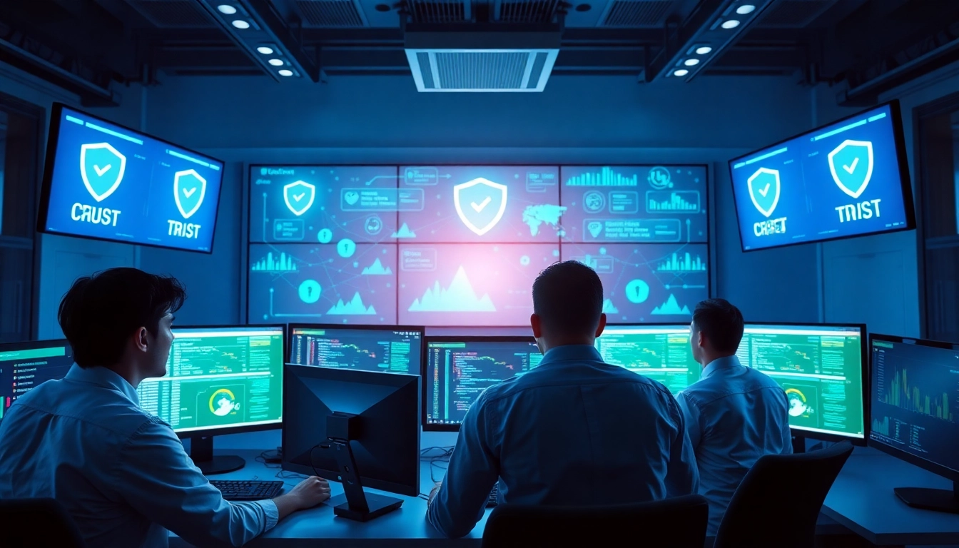Visual representation of CDN with DDoS Protection in a tech security office, showcasing network monitoring.