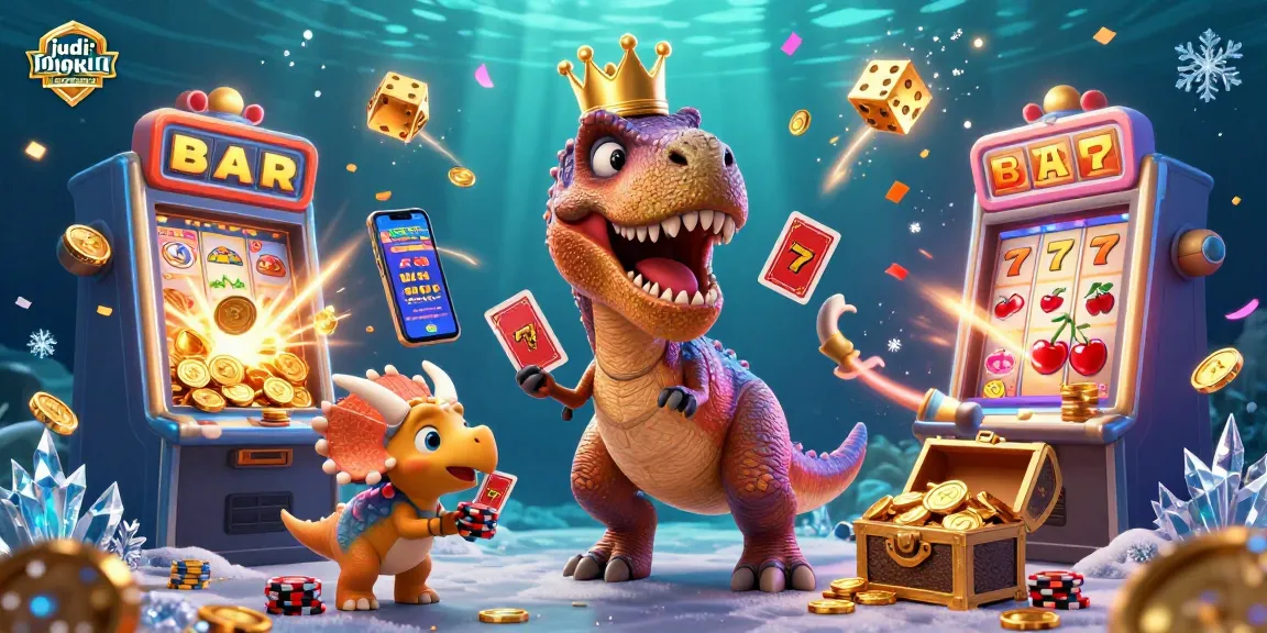 Experience the thrill of judi bola online as a playful T-Rex and friends shuffle cards amidst a jackpot explosion.