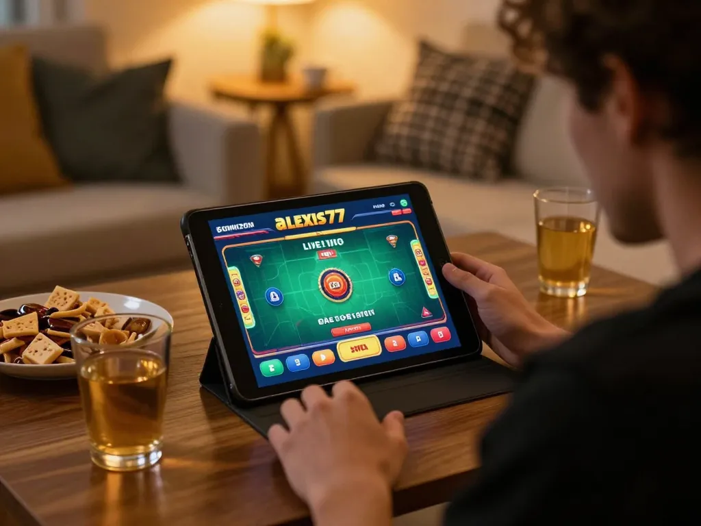 Player engaging with live dealer game on alexis77 app in a cozy home setting.
