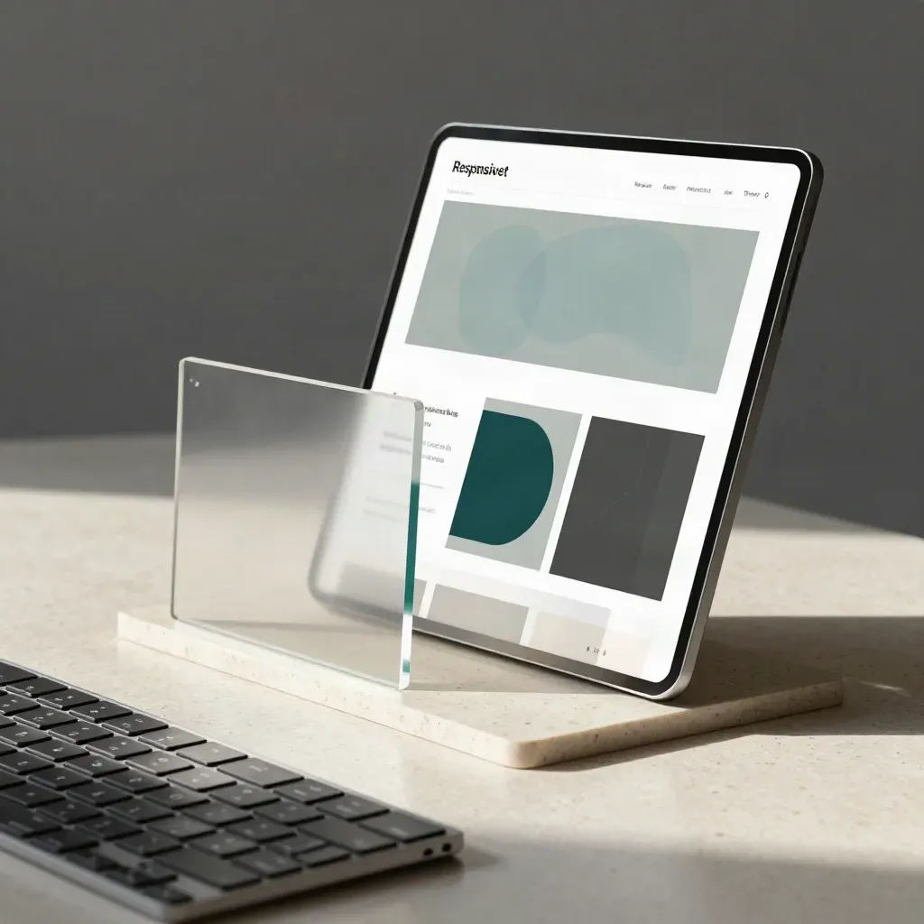 Website mockup boards, closed tablet, acrylic tiles, and keyboard on travertine in soft motion.