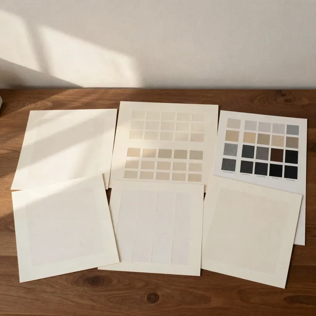 Overhead fan of template boards, crop cards and color chips on a walnut studio surface.
