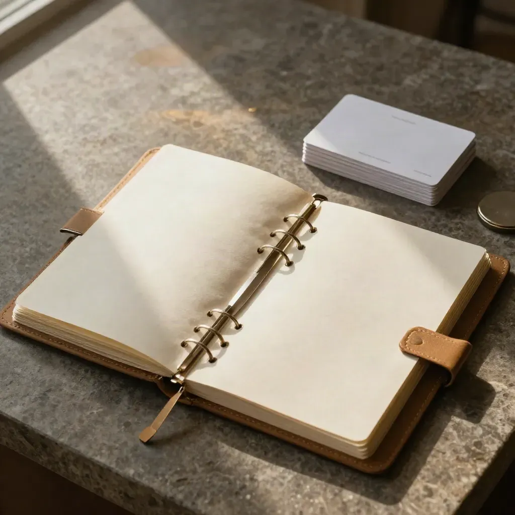 Open brand guide binder with color chips, fabric swatches and identity cards on stone in warm light.