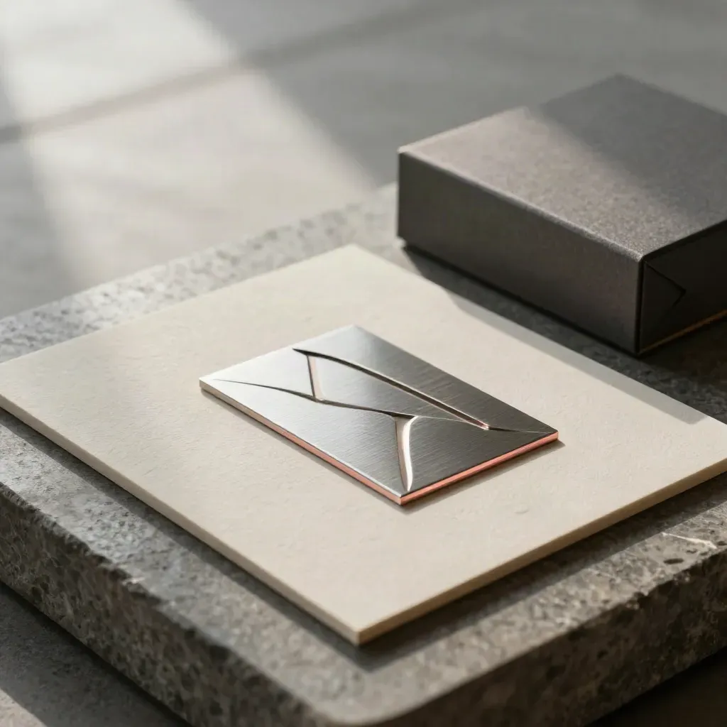 Logo system materials laid out in a studio still life with debossed tiles and foil samples.