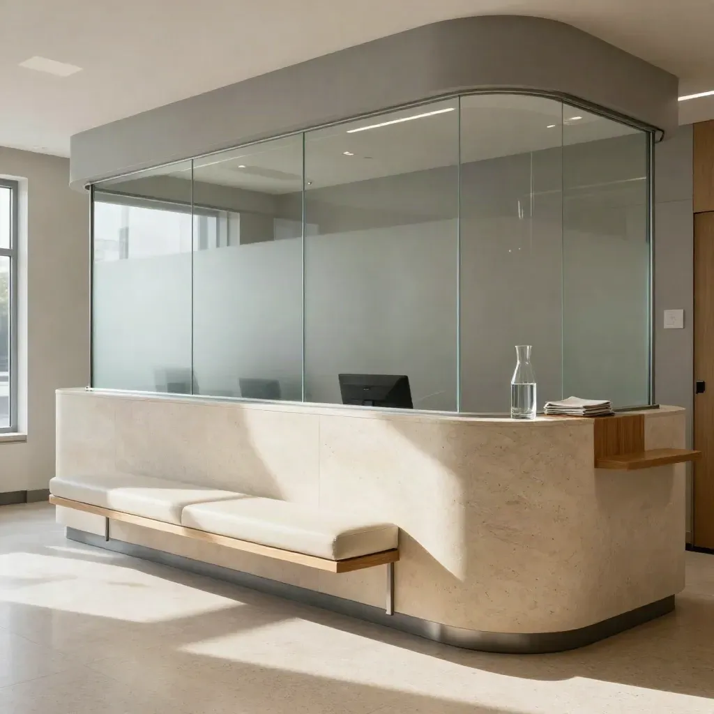 Calm clinic reception corner with pale seating, stone counter, and frosted glass in soft daylight.