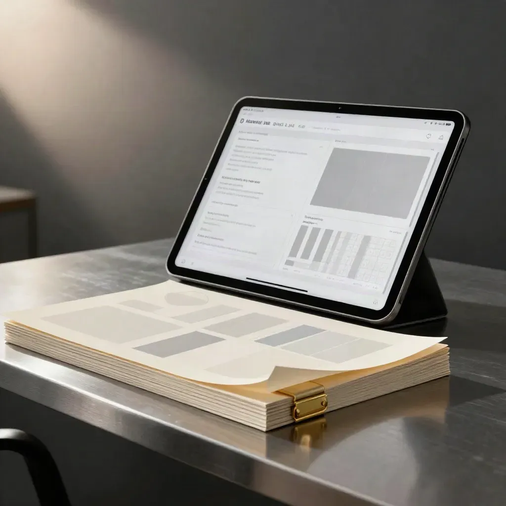 Angled tablet, printed page comps, and layout boards on a brushed steel studio surface.