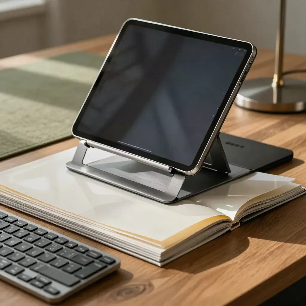 Designer workstation objects layered in close-up: tablet stand, trackpad, keyboard, overlay sheets, lamp base.