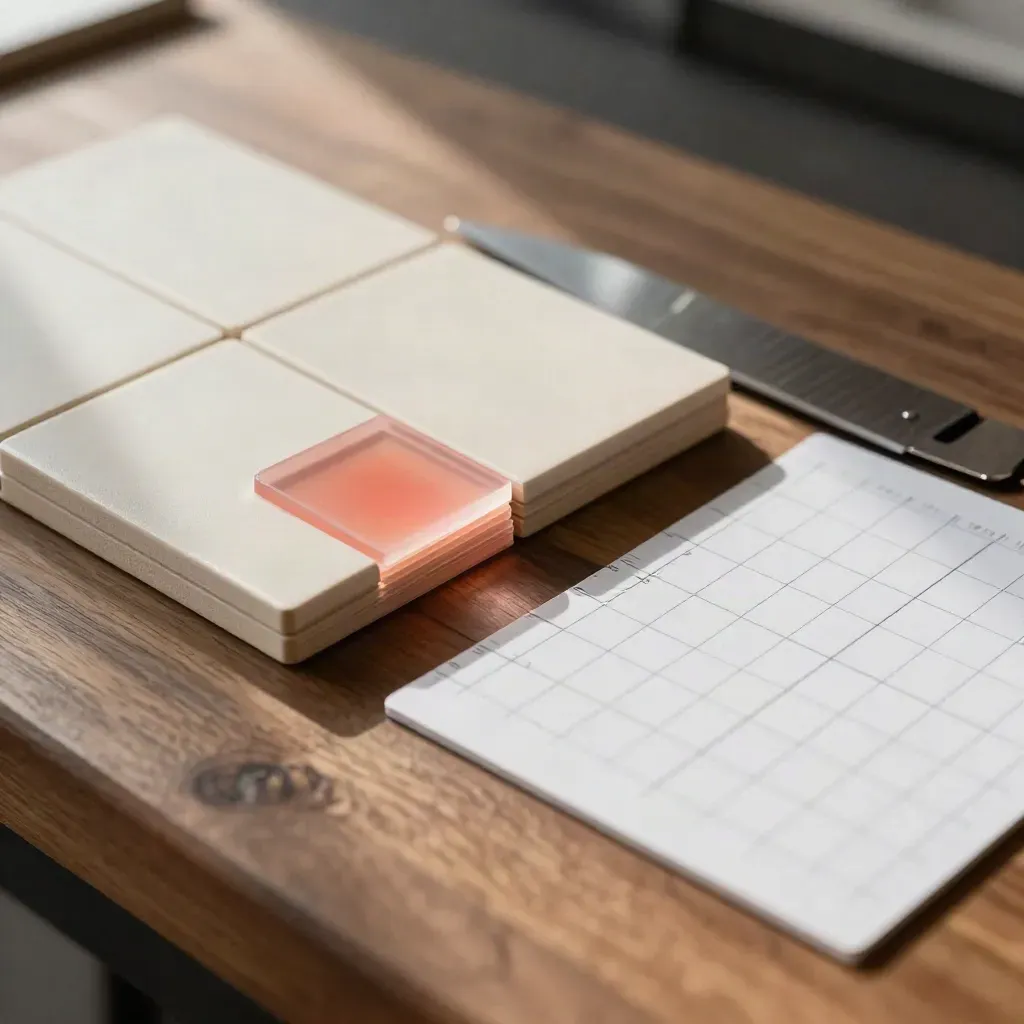 Macro of aligned design tiles, adhesive swatches and blade segments on a walnut work surface.