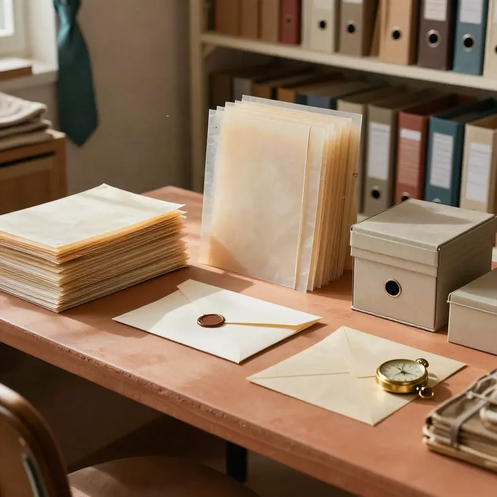 Archival sleeves, file boxes, sealed envelope and brass timepiece on a terracotta packing bench.