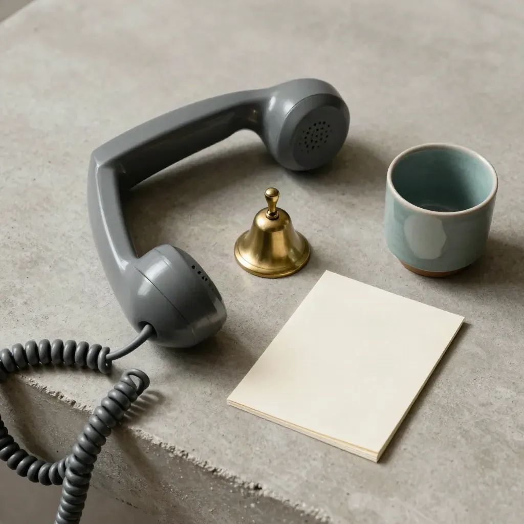 Handset, notecard, brass bell and cup on warm concrete with a muted teal accent.