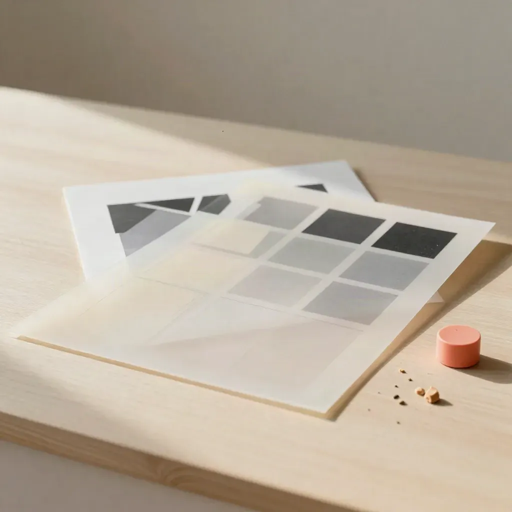 Acetate layout sheets and proof cards on pale wood, mid-edit with coral accents.