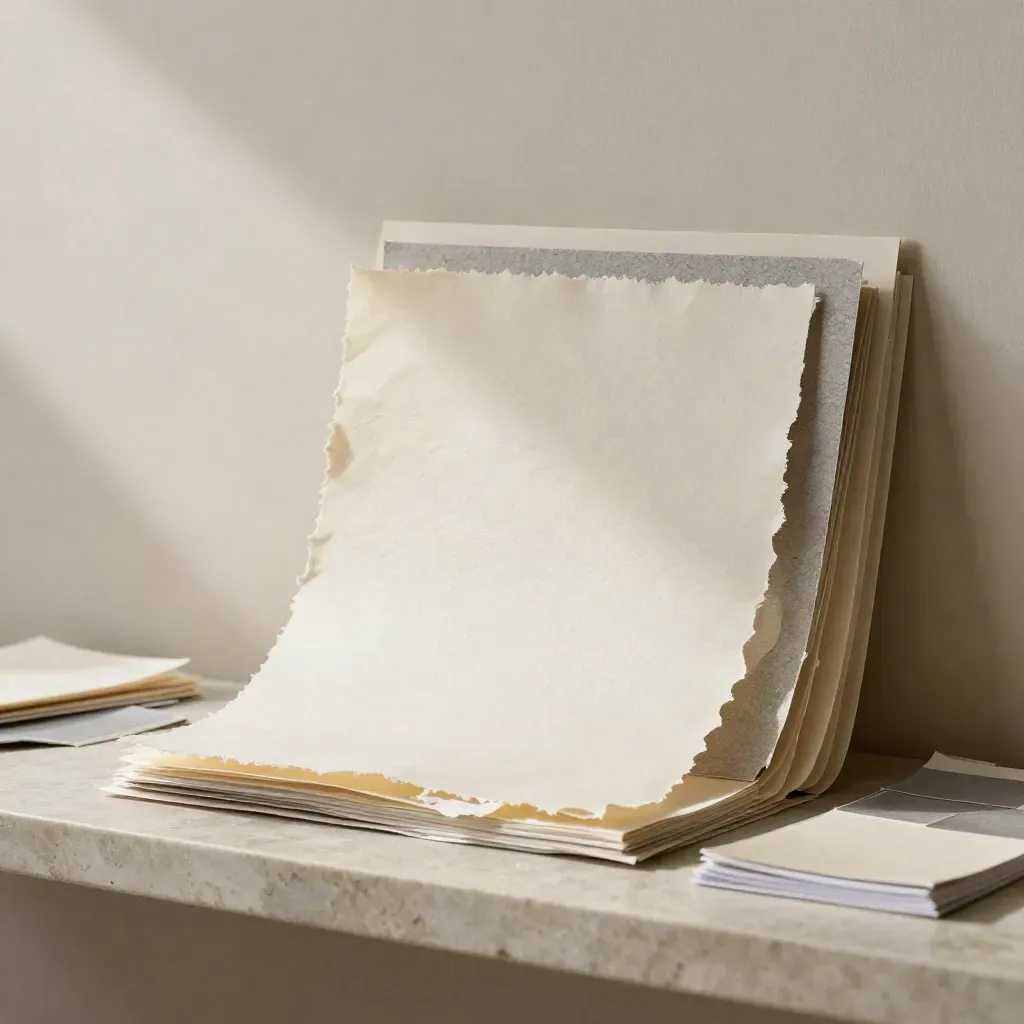 Overhead mood board stack with vellum swatches and sample cards on a stone shelf.