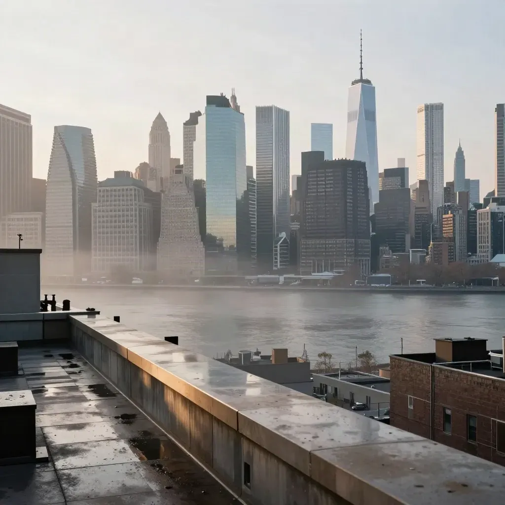 NYC skyline at dawn above river haze from a rooftop view