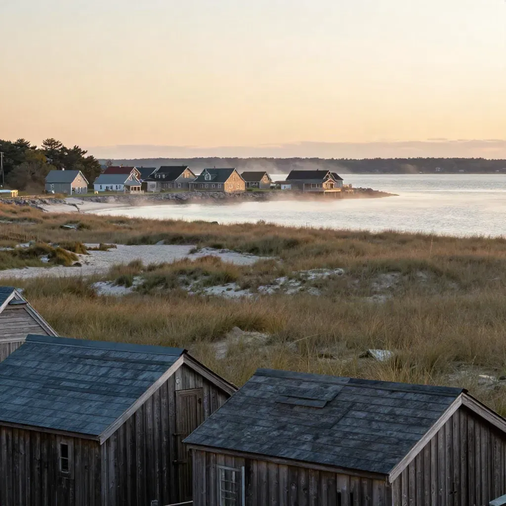 Connecticut coast at sunset with hazy harbor water and historic shoreline silhouettes.