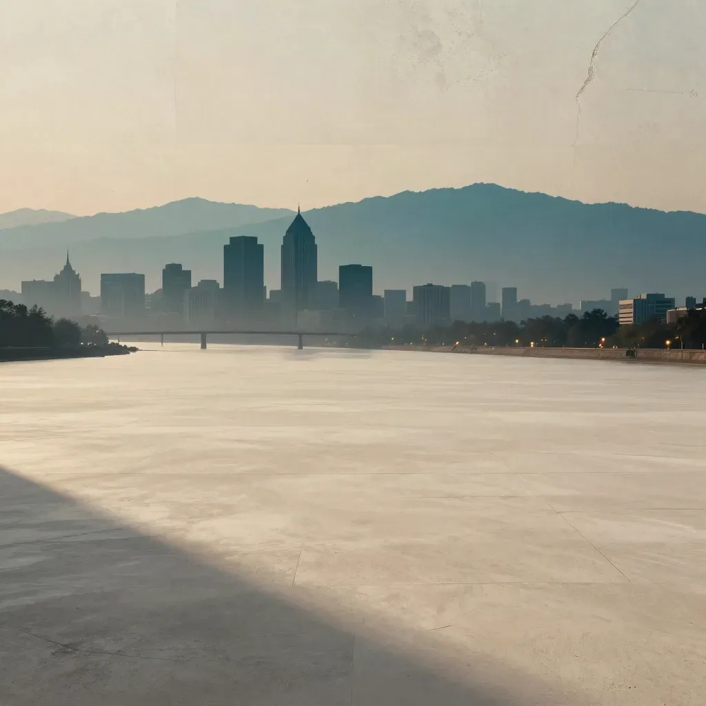 Layered city and mountain horizon over a calm plaster concrete copy space at blue hour