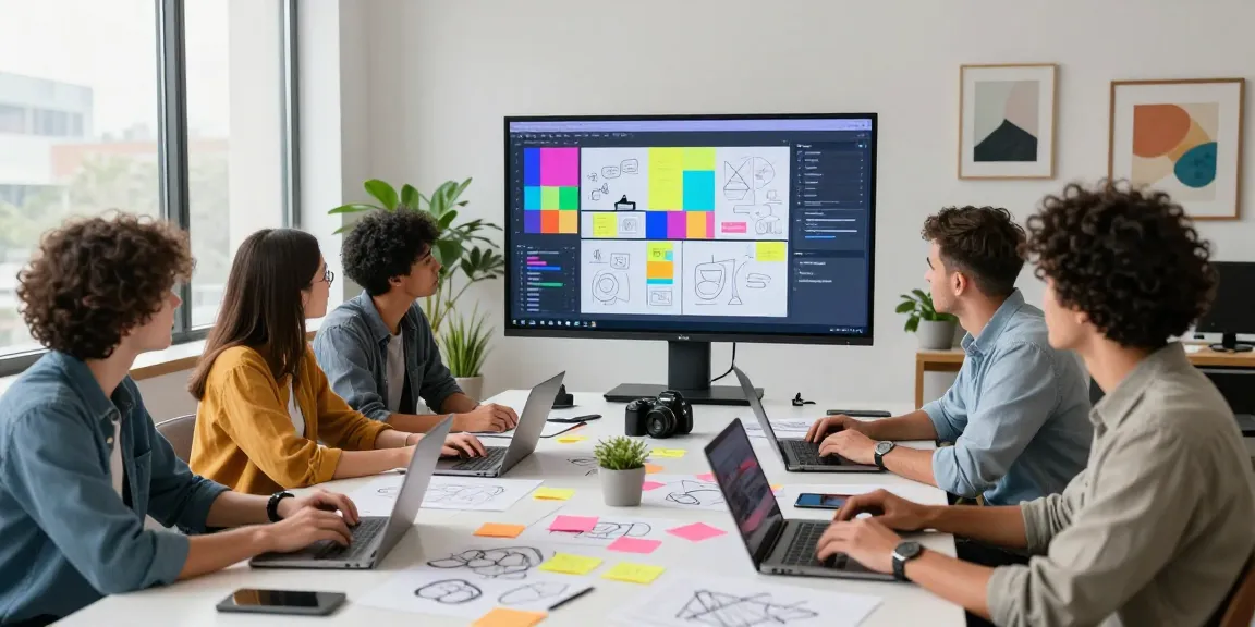 Team collaborating on a mixboard in a bright creative workspace.