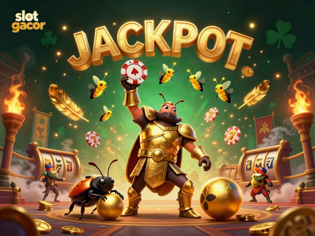 Engage with slot gacor as the hero beetle celebrates victory in a lavish casino setting filled with gaming elements.