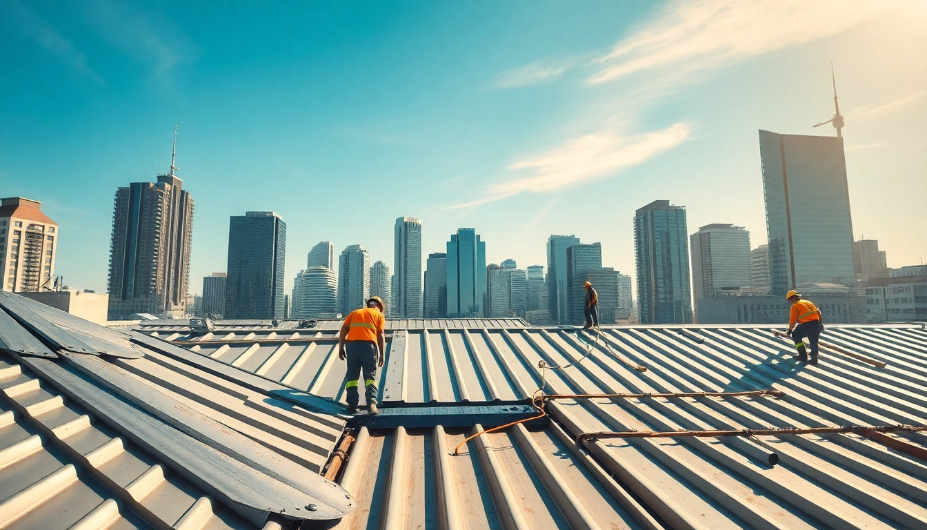 Installing metal roofing toronto features skilled workers amidst Toronto's skyline.