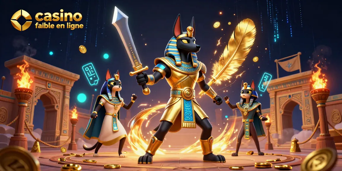 Cette illustration représente un casino fiable en ligne avec Anubis et Bastet, entourés d'éléments de jeux et d'effets lumineux.