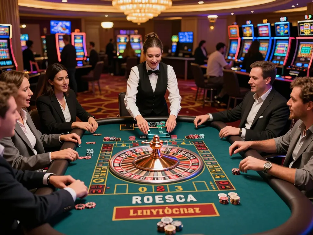 Engaged players experiencing slot gacor hari ini excitement at a luxurious roulette table, chips stacked and croupier spinning the wheel.