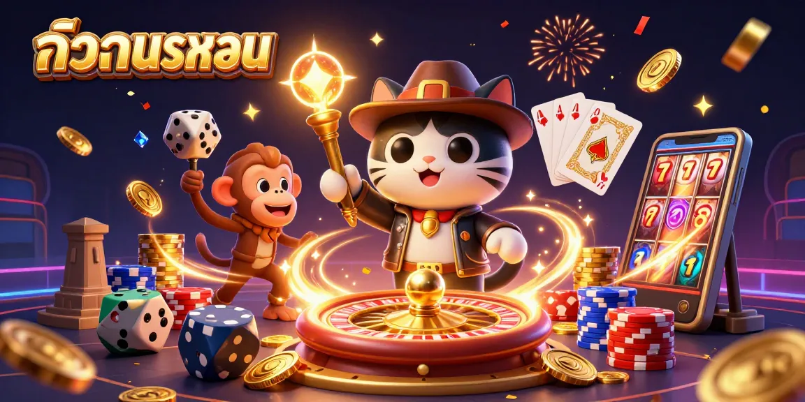 การแสดงผลเกมสล็อตยอดนิยมในภาพ 3D ของนักสำรวจแมวและลิงถือคบไฟในคาสิโน