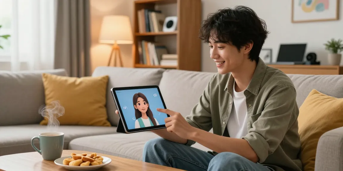 Person enjoying a chat with their AI gf in a cozy living room, showcasing digital companionship.