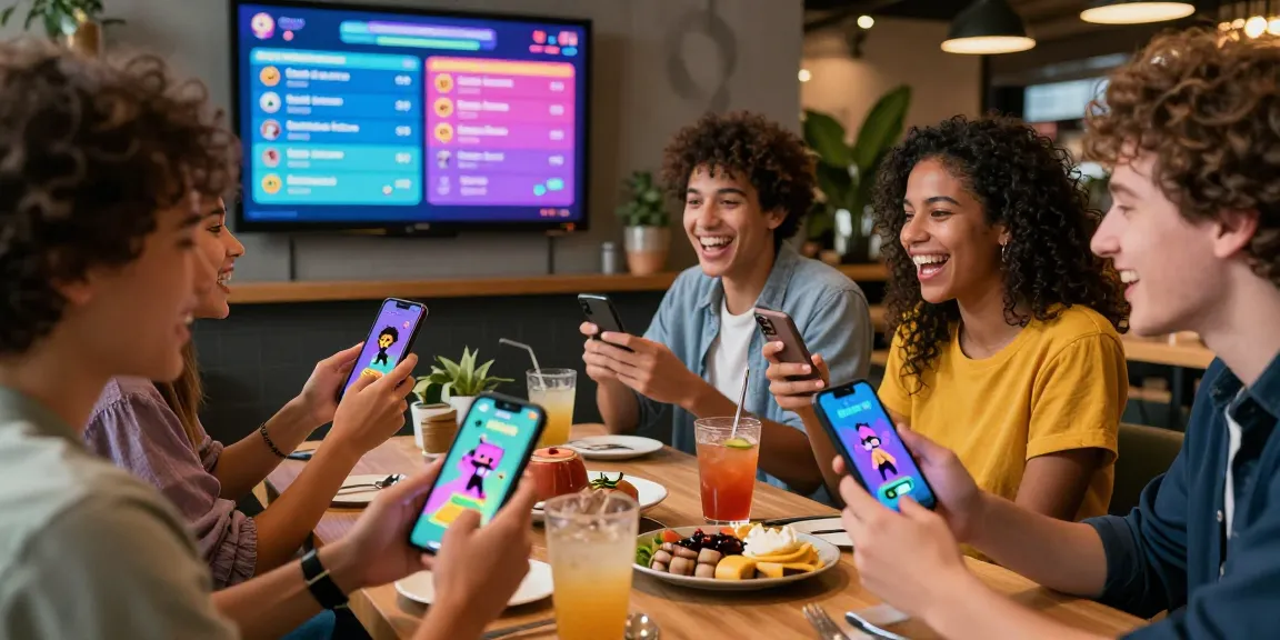 Friends enjoying a Smash or Pass game in a café atmosphere with AI-generated images on their smartphones.