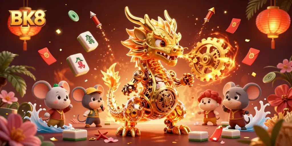 Engage with thrilling BK8 casino adventures amid golden dragons and vibrant game elements.
