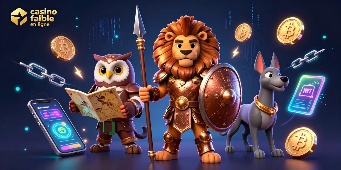 Engagez-vous dans un monde captivant avec casino fiable en ligne, illustré par un lion spartiate et des symboles de cryptomonnaie.