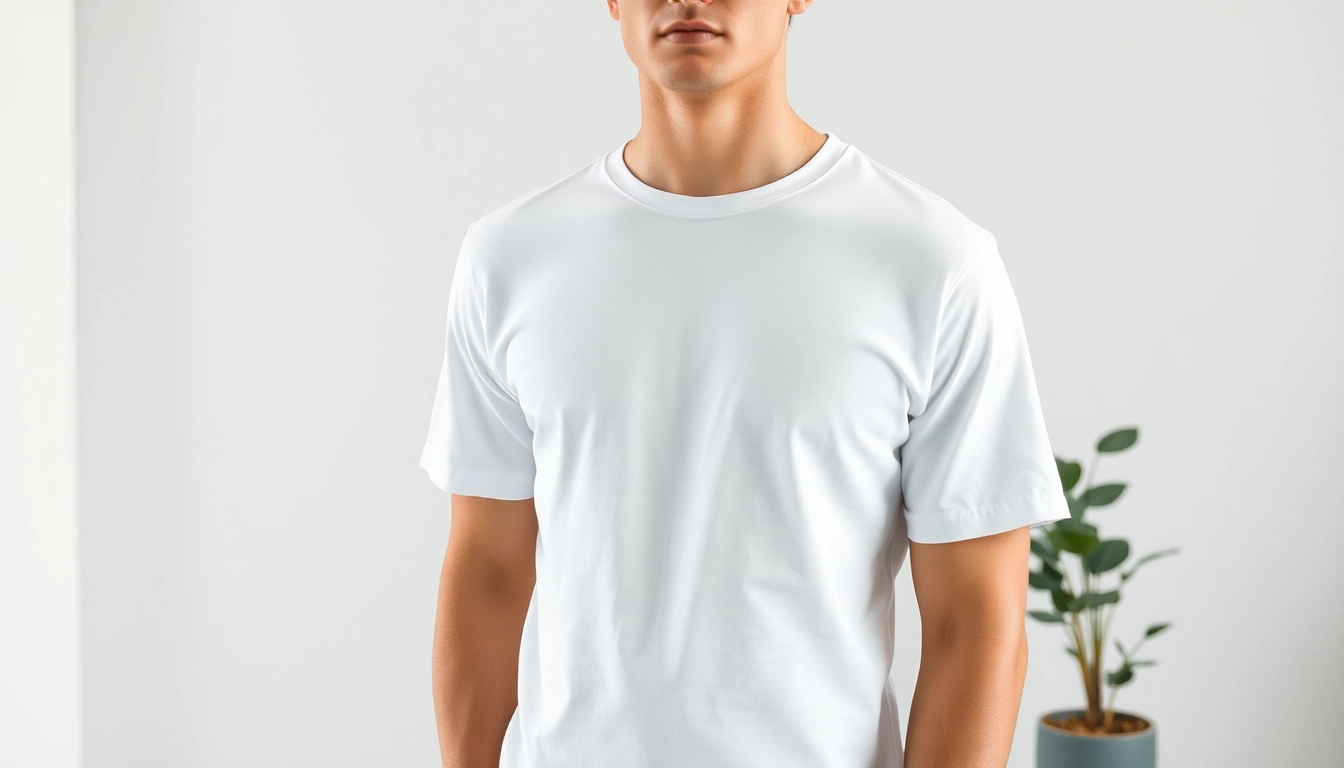 Model showcasing a blank white t shirt against a minimalist backdrop emphasizing style and simplicity.