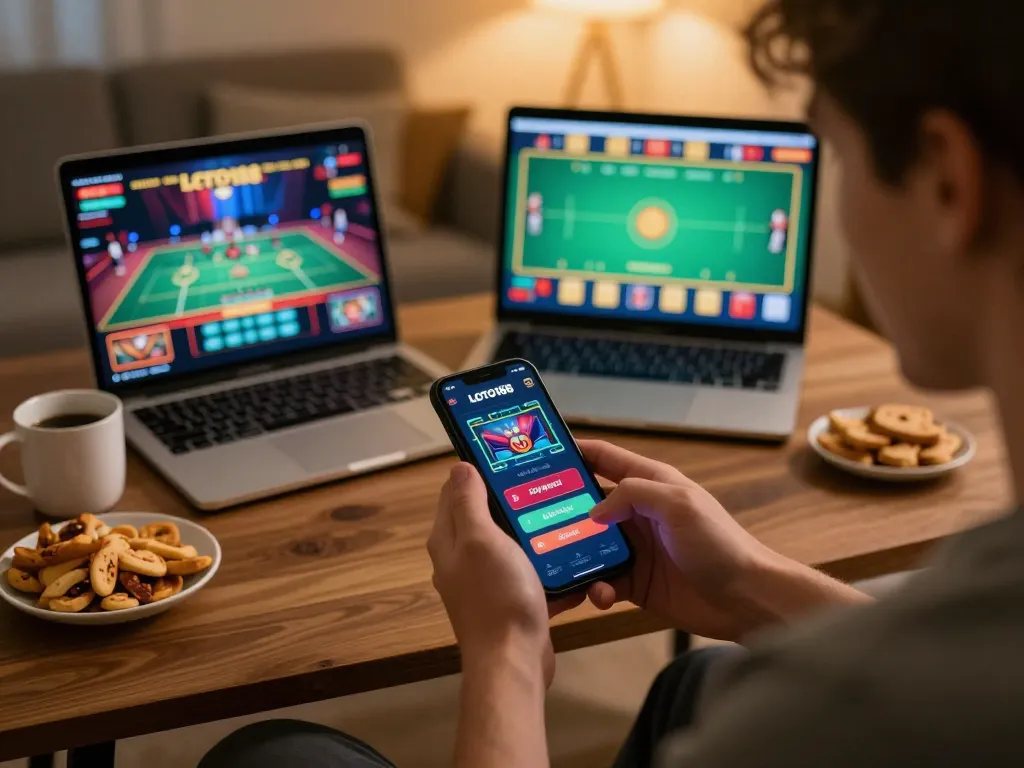 Engaging in LOTO188 mobile gaming with live dealer action displayed on smartphone in a cozy setting