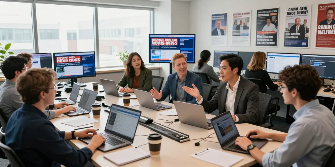 Dynamic newsroom at https://www.theindaily.com with journalists collaborating on breaking news.