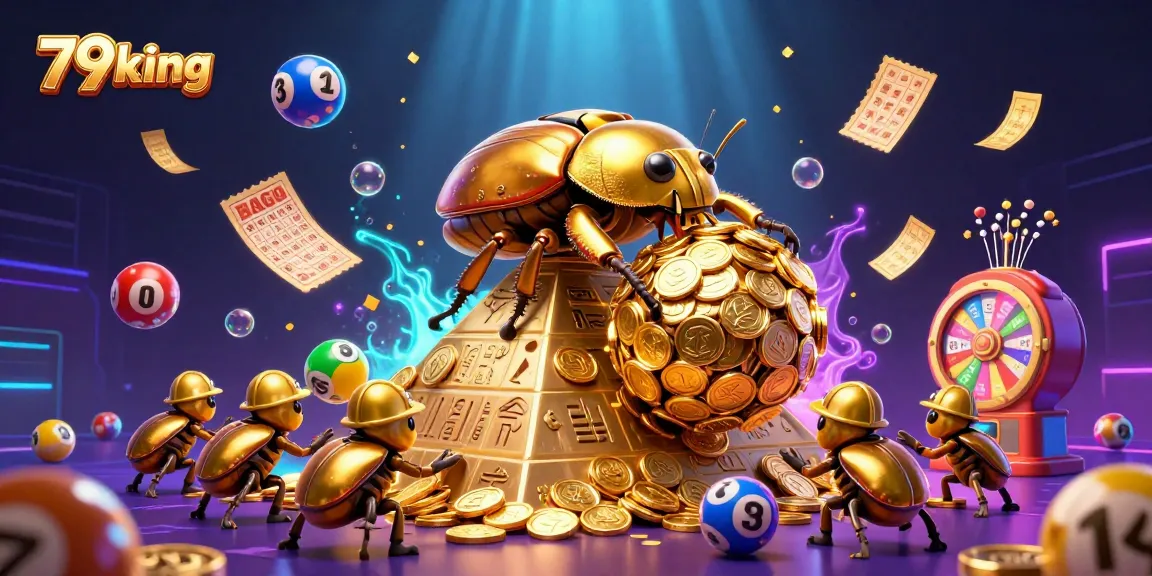 Engage with 79king's vibrant gambling theme showcasing a golden dung beetle and lottery excitement.