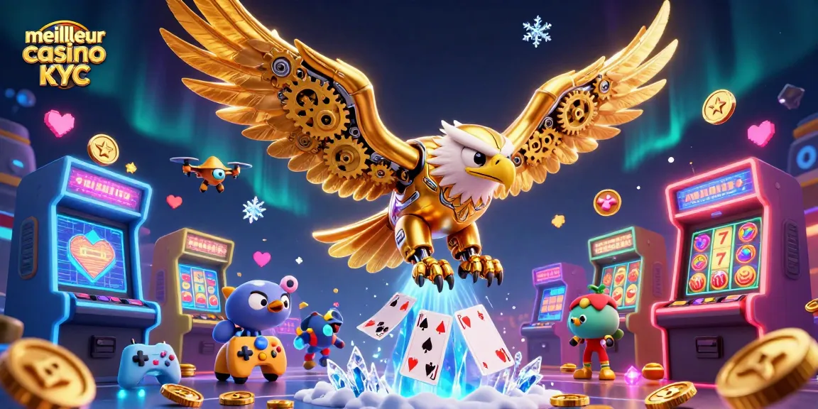 Plongez dans l'univers du meilleur casino sans KYC avec cet aigle doré futuriste au cœur du jeu.