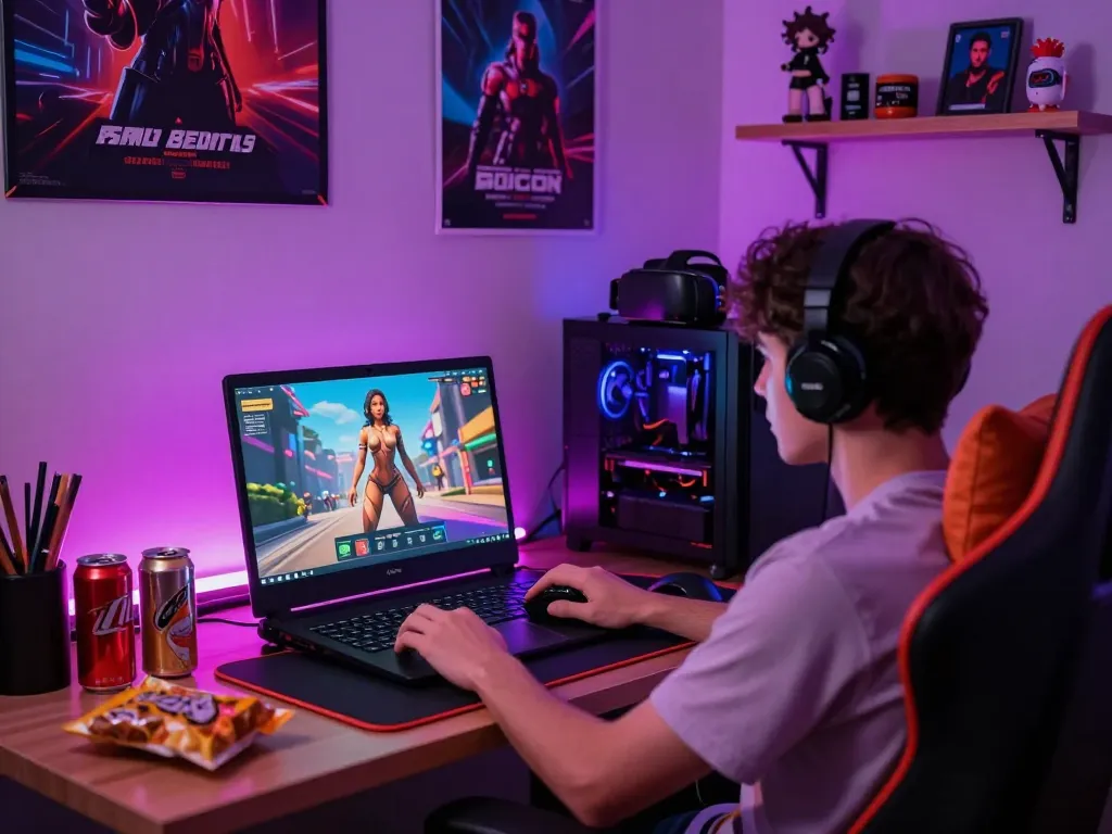Player immersed in AI porn games on a laptop in a colorful gaming space.