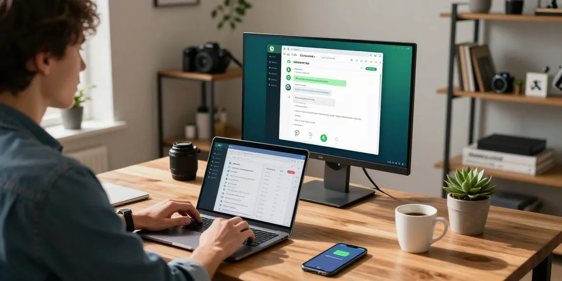 Using WhatsApp電腦版 on a stylish home office setup with laptop and plants.