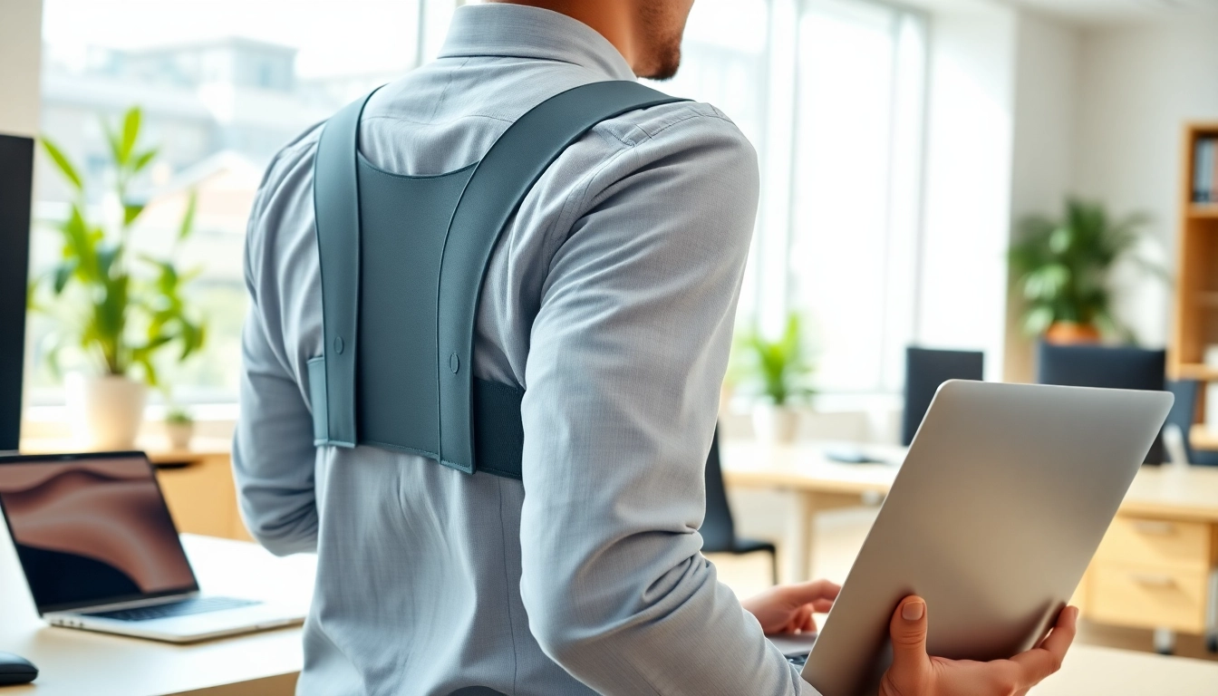 Person adjusting a posture brace in a well-lit workspace, demonstrating good posture.