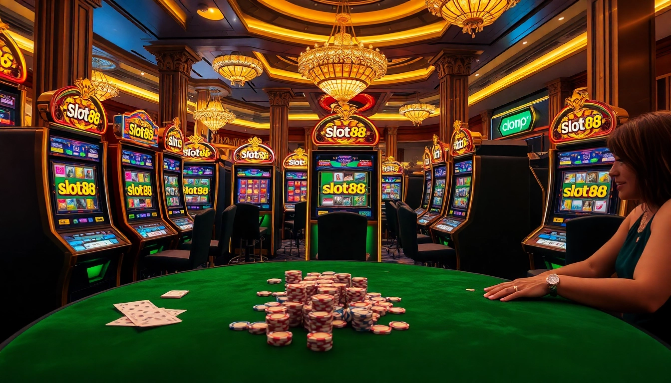 Gamblers enjoying the excitement of slot88 rtp in a dynamic casino setting filled with vibrant slot machines.