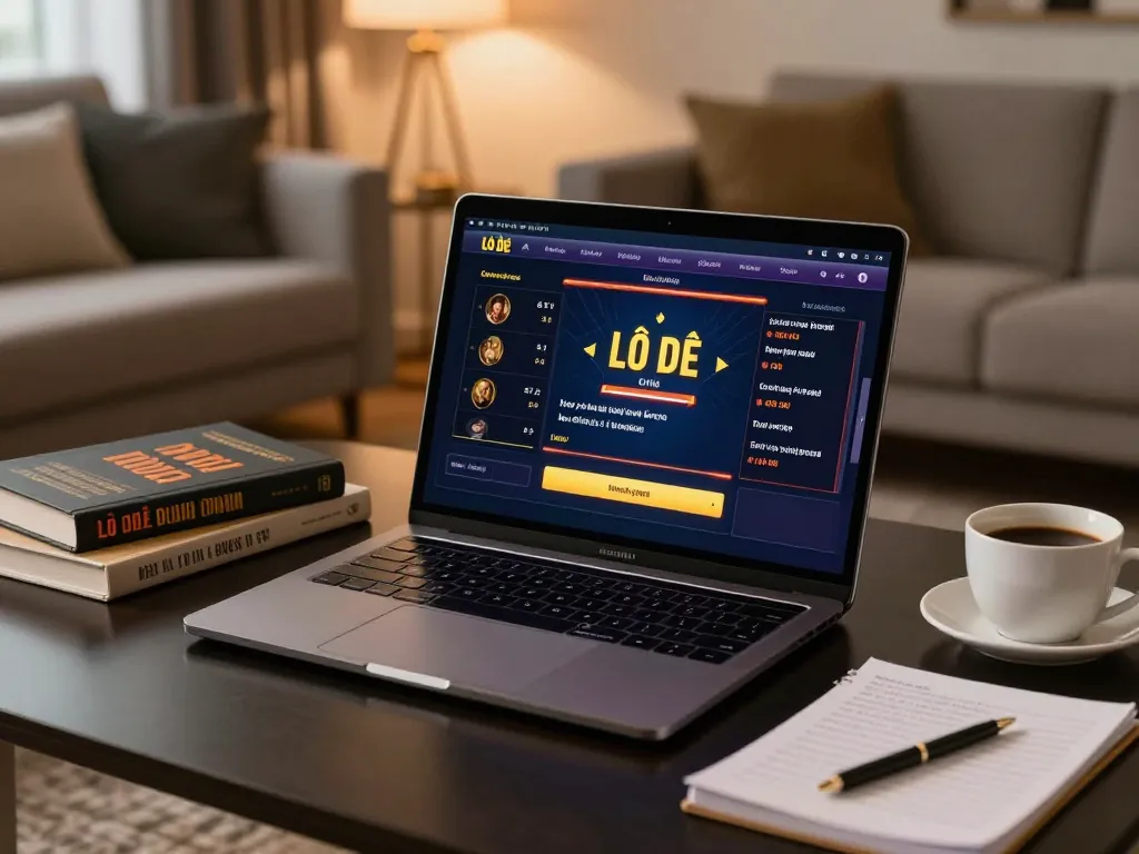 Lô đề online setup with stylish laptop interface surrounded by betting strategies and cozy home decor.