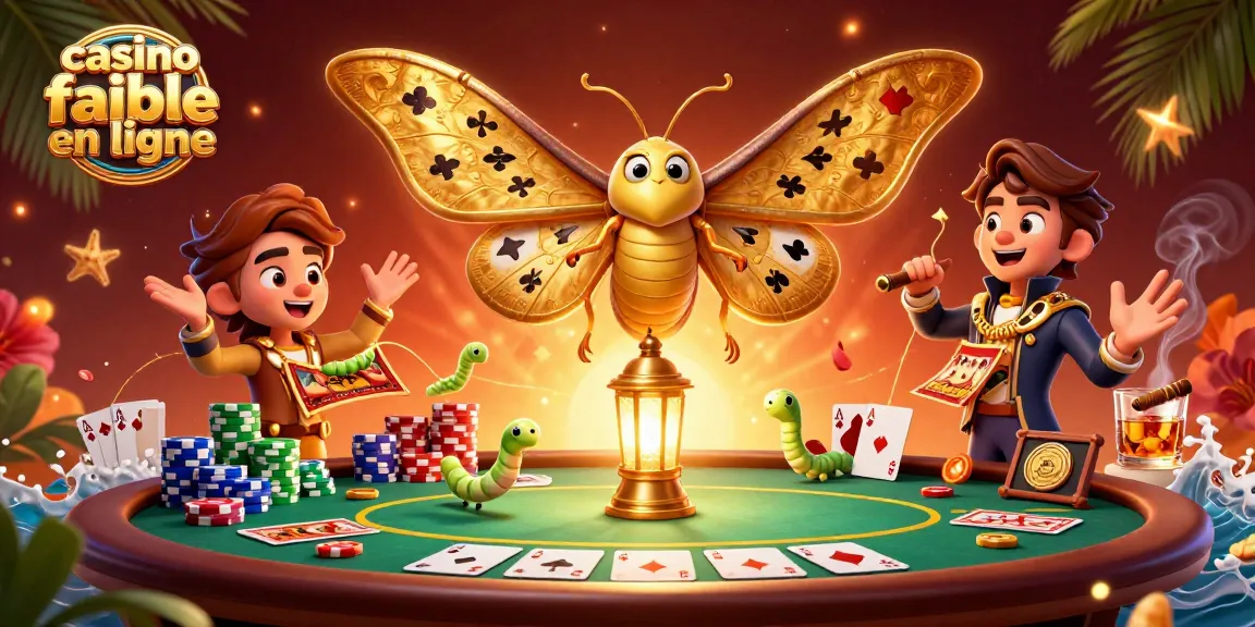 Explorez des scènes de casino fiable en ligne avec un papillon 3D et des jetons de poker.