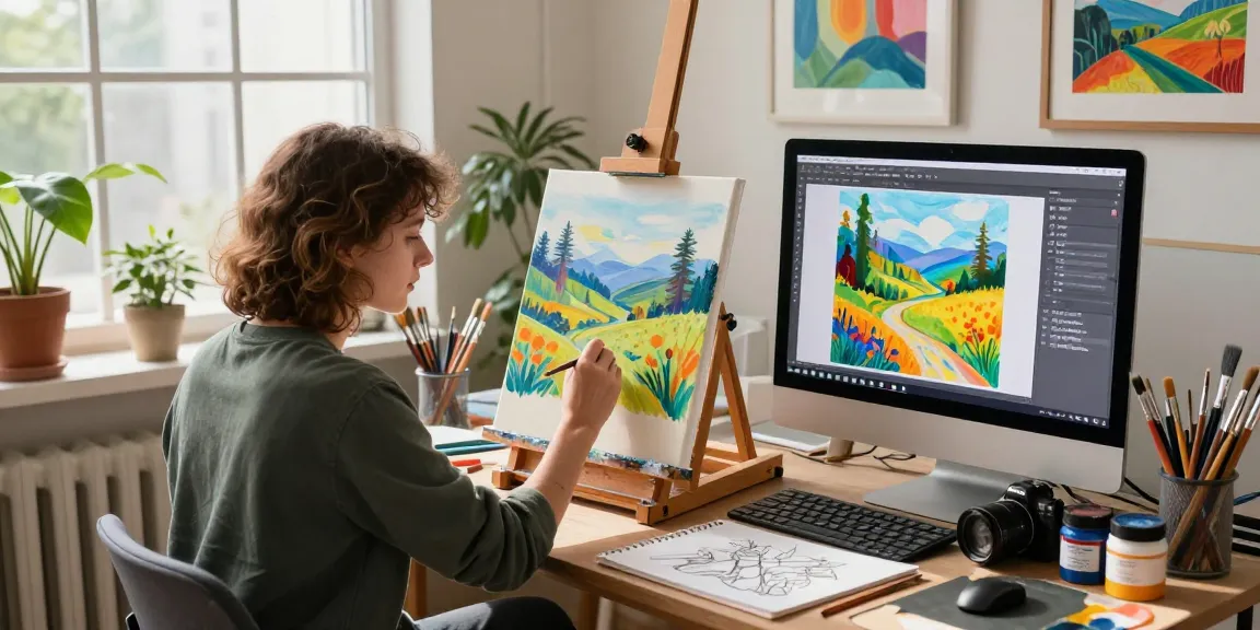 Artist using an image to prompt generator in a vibrant studio, surrounded by art supplies and creative works.