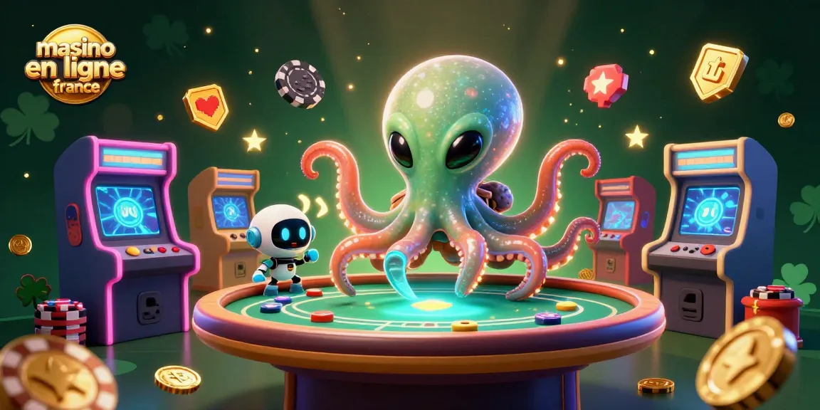 Visitez le meilleur casino en ligne France pour une expérience palpitante avec l'illustration d'un poulpe extraterrestre jouant au poker.