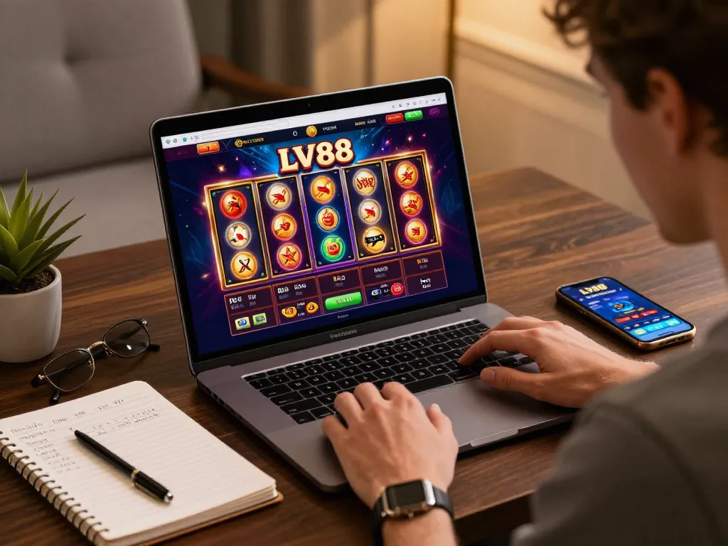 Player immerses in LV88 online casino gaming with dynamic slot machines on screen.