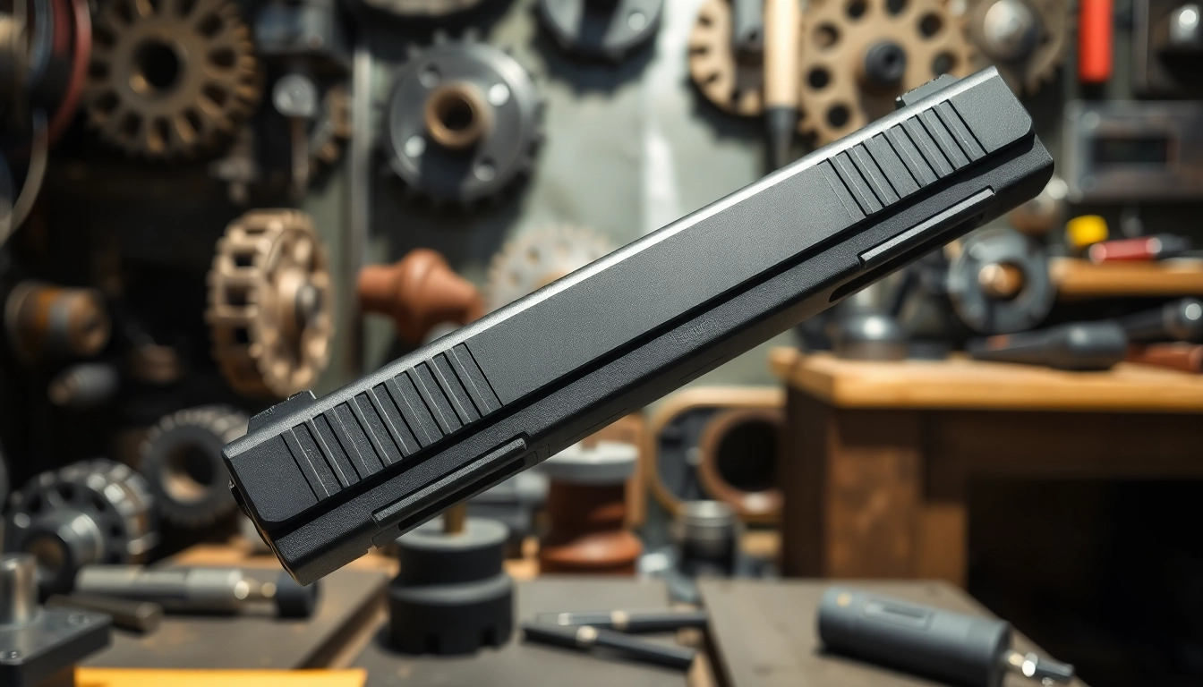 Buy Glock 19 Gen 3 slide displayed in a professional workshop setting.