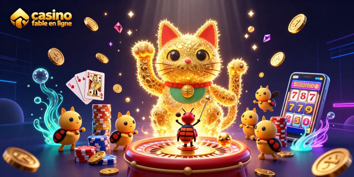 Admirez le chat porte-bonheur dans une scène de casino fiable en ligne captivante avec des éléments de jeu.