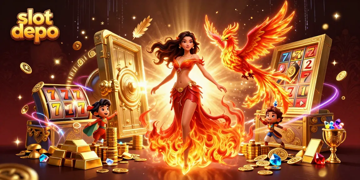 Spin to win with slot depo, featuring vibrant characters and dynamic casino elements.