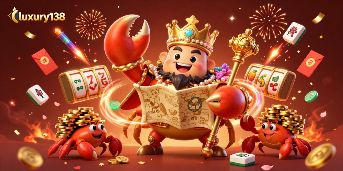Luxury138 showcases a vibrant casino adventure featuring a golden crab emperor surrounded by slot game excitement and festive elements.