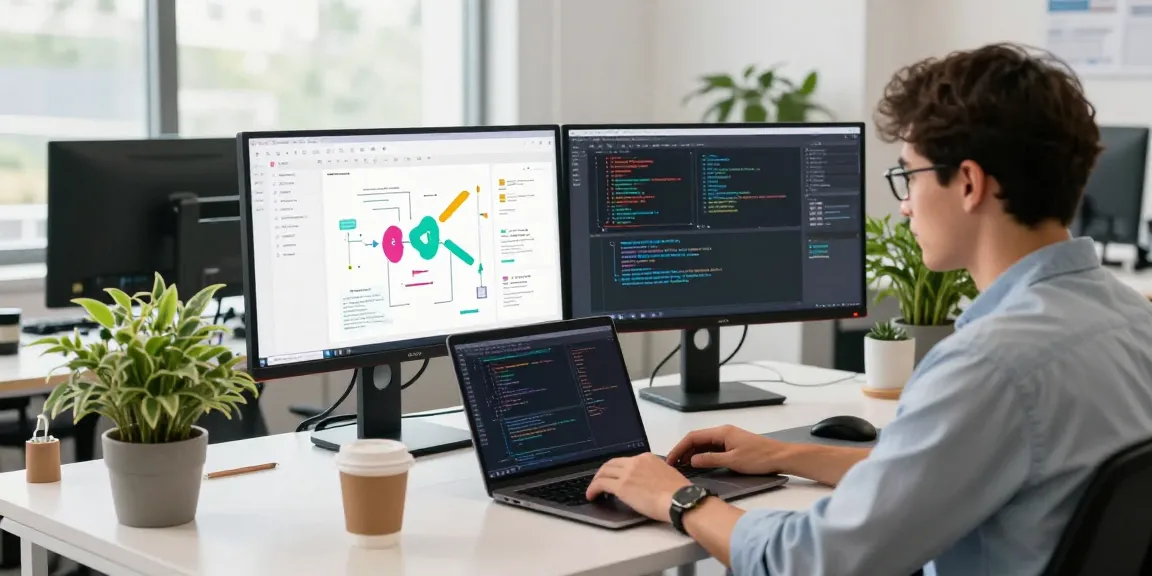 Developer working on coding environment related to 纸飞机中文版 in a modern office.